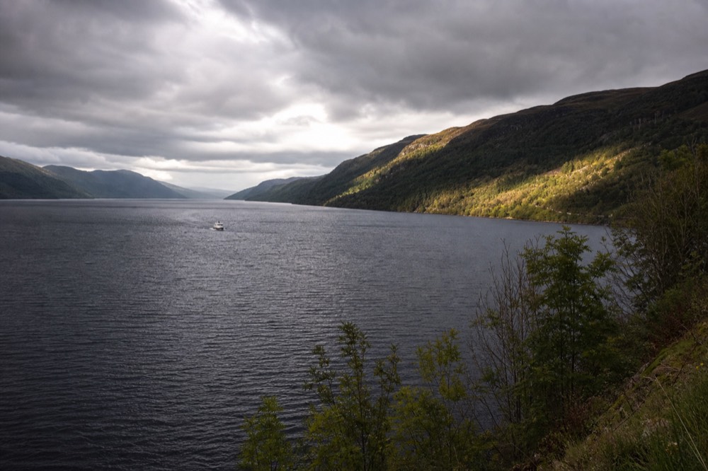 The long straight line of the Great Glen fault valley seen from above Loch Ness